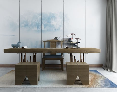  禅意中式茶室 茶桌椅 背景墙3d模型 