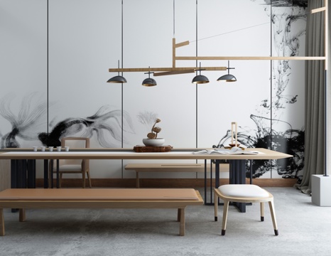  新中式茶室书房 茶桌椅 吊灯3d模型 