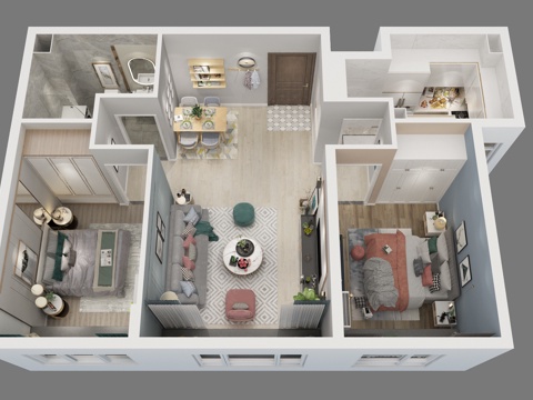  现代家装样板间鸟瞰图3d模型 