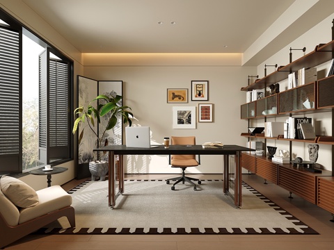 中古现代书房 书柜 书桌椅su模型