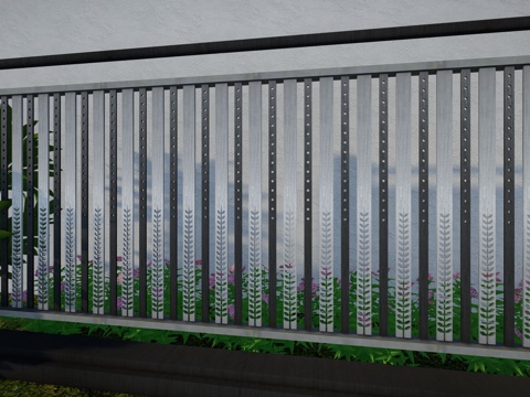 现代围栏花卉不锈钢护栏扶手植物铁艺镂空景观栏杆户外花朵创意栅su模型