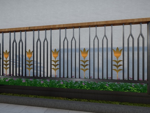 现代围栏花卉不锈钢护栏扶手植物铁艺镂空景观栏杆户外花朵创意栅su模型