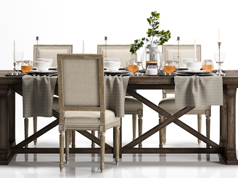  田园风餐桌椅子食物摆件组合3d模型 