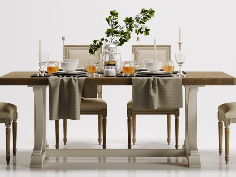  英式田园餐桌 椅子 食物摆件组合3d模型 