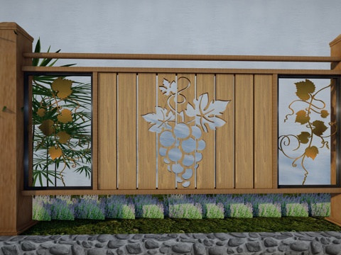 现代生态户外蔬果田园木质葡萄栏杆围栏护栏彩色水果创意栅栏葡萄su模型