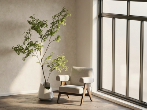 侘寂风休闲椅 单人 原木北欧单椅su模型