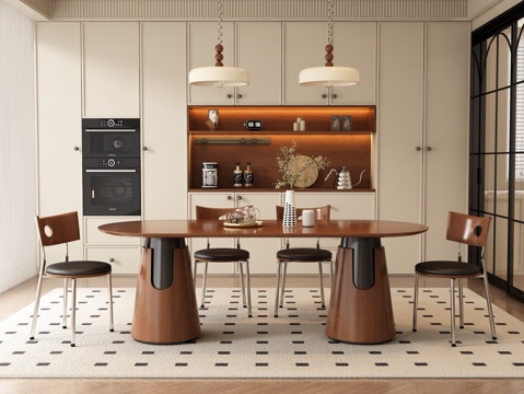  现代中古风长餐桌椅3d模型 