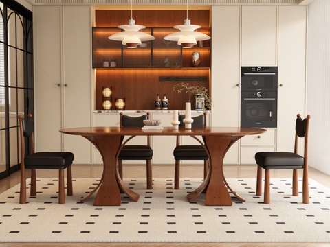  现代中古风长餐桌椅 餐厅3d模型 