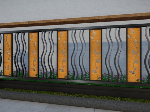 现代围栏花卉不锈钢护栏扶手植物铁艺镂空景观栏杆户外花朵创意栅su模型