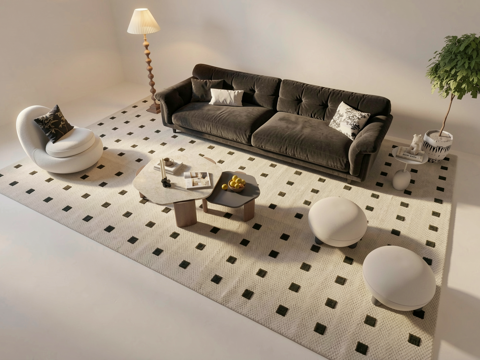 法式中古沙发组合_法式沙发茶几_中古风沙发茶几_皮质沙发su模型