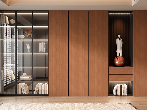  现代中古定制书柜 开放格雕塑 玻璃门书柜3d模型 