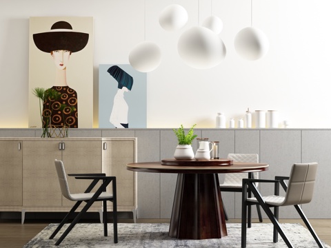  北欧桌椅组合 餐桌 餐椅 圆餐桌 吊灯 装饰画3d模型 