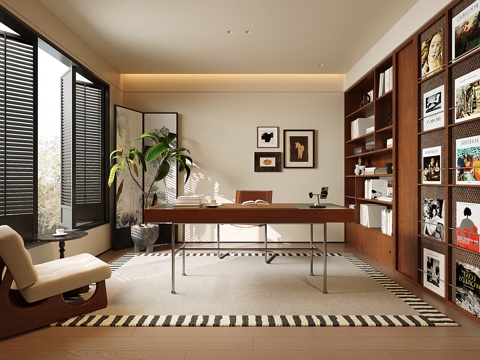 中古现代书房 书柜 装饰置物架 书桌椅 休闲椅su模型