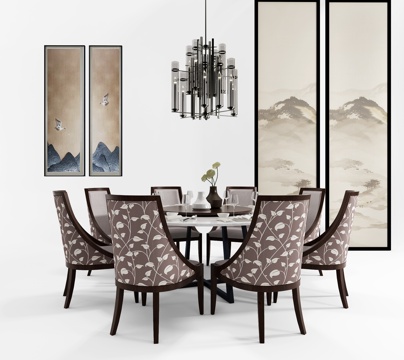  新中式餐桌椅吊灯挂画组合3d模型 