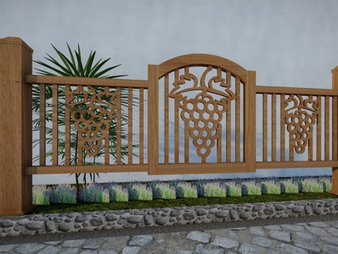 现代生态户外蔬果田园木质葡萄栏杆围栏护栏彩色水果创意栅栏葡萄su模型