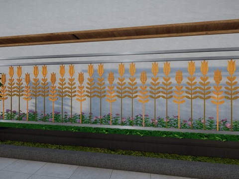 现代围栏花卉不锈钢护栏扶手植物铁艺镂空景观栏杆户外花朵创意栅su模型