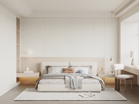  现代奶油风卧室 床头背景墙 双人床 衣柜 休闲沙发 老人房3d模型 