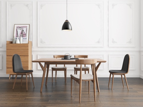  北欧实木餐桌椅边柜组合 吊灯 陶罐3d模型 