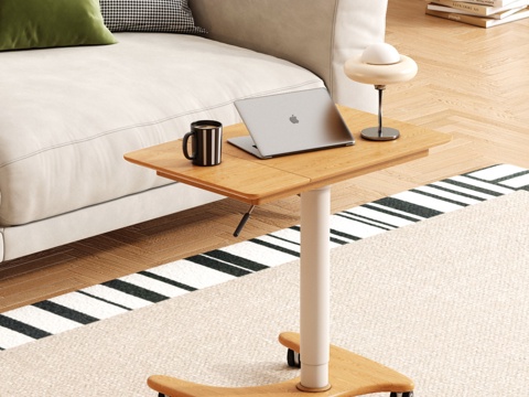  原木风升降学习桌 实木移动床边桌 升降书桌3d模型 