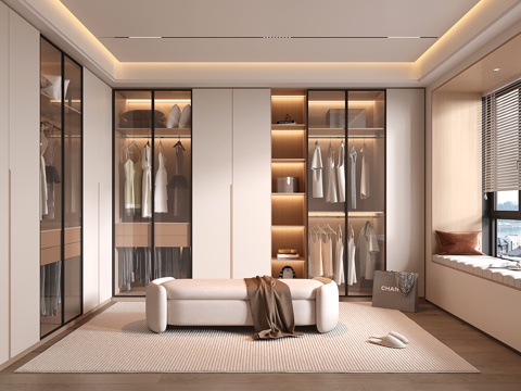 现代衣帽间 开方格 玻璃门 换鞋凳免费su模型