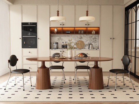  现代中古风长餐桌椅3d模型 