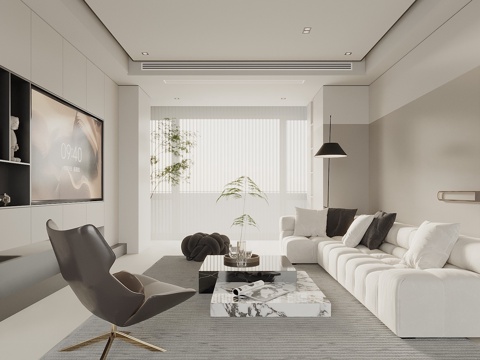  现代奶油风客厅  电视背景墙 沙发背景墙 沙发茶几组合 无主3d模型 