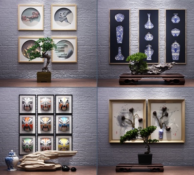  新中式盆景挂件挂画装饰组合3d模型 
