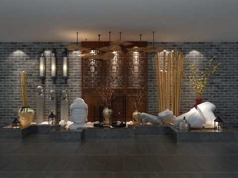  新中式枯山水 景观小品 陈设摆件 鸟笼 拴马桩 落地灯3d模型 