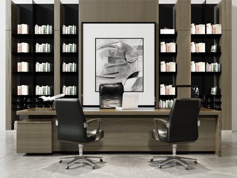  现代书桌办公桌大班台书柜组合3d模型 