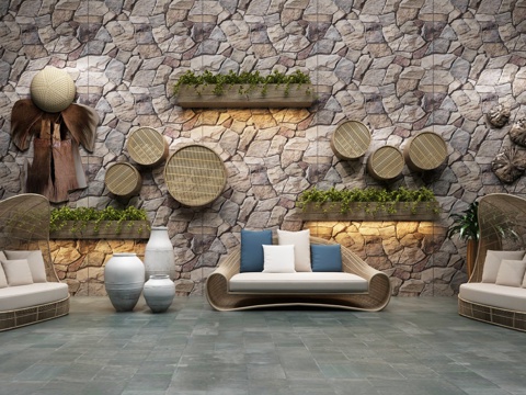  蓑衣藤编休闲沙发民宿装饰墙3d模型 