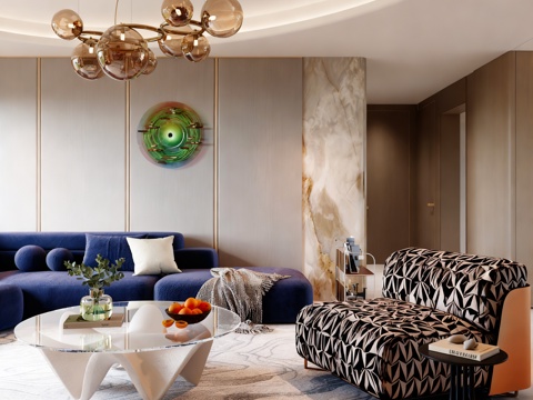  现代轻奢大平层客厅 吊灯 沙发茶几 单人沙发3d模型 