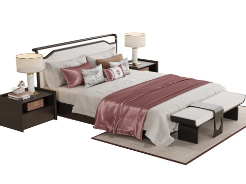 新中式双人床 床尾凳su模型