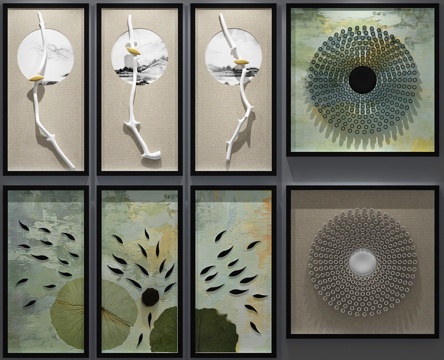  新中式挂画 墙饰 莲蓬 干枝 鸟 枯枝3d模型 