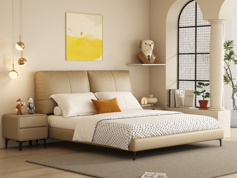  奶油风双人床 卧室3d模型 