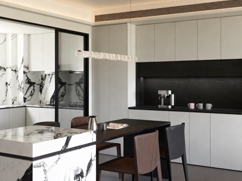  现代餐厅 岛台餐厅 餐桌椅 餐边柜 边柜 吊灯 摆件3d模型 