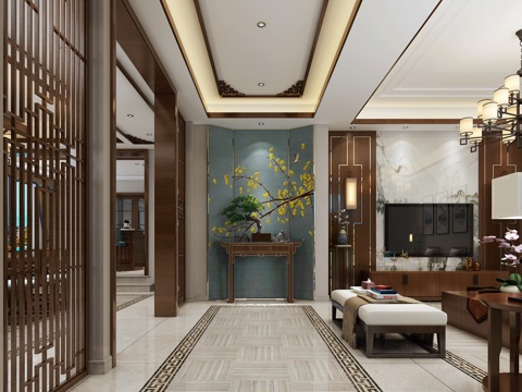  新中式门厅 玄关柜 壁灯 隔断 电视柜3d模型 