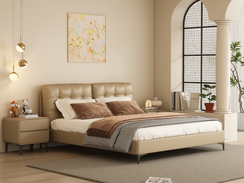  奶油风双人床 卧室3d模型 