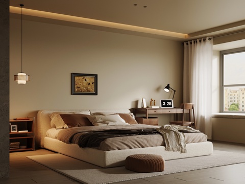  现代中古风卧室 双人床 书桌椅3d模型 