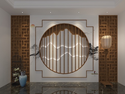  新中式沙发背景墙 新中式造型墙 禅意中式墙 电视背景墙3d模型 