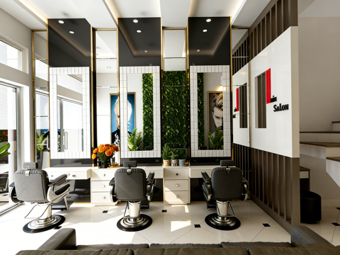  现代轻奢美发沙龙 理发店 美发镜台 黑色理发椅3d模型 