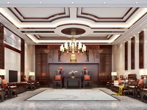  中式祠堂客餐厅 圈椅 沙发金属吊灯 烛台灯 门窗 抱枕3d模型 