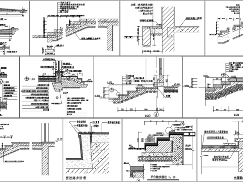 室外台阶无障碍坡道汽车坡道踏步做法剖面详图节点大样CAD素材cad施工图