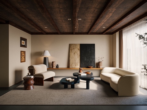  侘寂风民宿客厅3d模型 