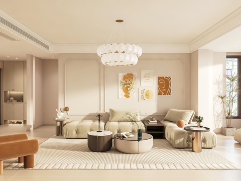  奶油风客餐厅 开放厨房 玄关3d模型 