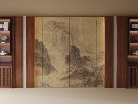 新中式背景墙su模型