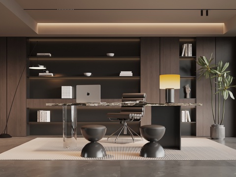  现代意式书房 书桌椅 书柜3d模型 