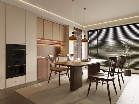 中古风餐厅 餐桌椅 餐边柜su模型