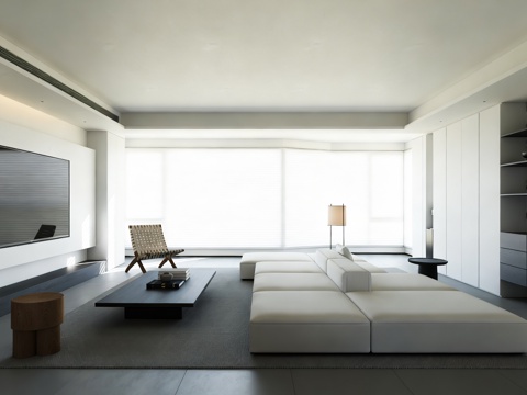  现代黑白灰客厅 极简客厅 沙发 茶几 落地灯3d模型 