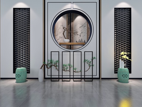  背景墙 形象墙 新中式背景墙 迎客松 中式古凳 瓦 板瓦3d模型 