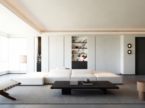  现代黑白灰客厅 极简客厅 沙发茶几组后3d模型 